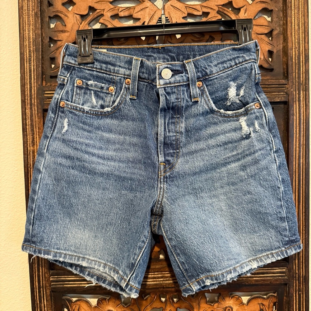 Levi's Women's Distressed Mid-Blue High-Rise Jean Shorts